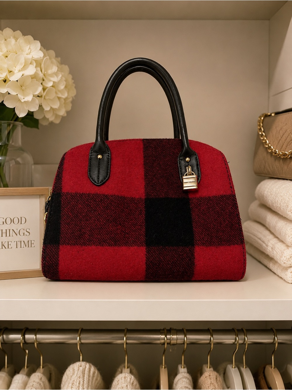 Tommy Hilfiger Red Black Buffalo Plaid Wool Blend Crossbody Tote
